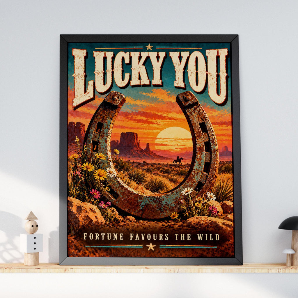 Lucky You Western Poster, Fortune Favours The Wild, Cowboy Horseshoe Wall Art (Printed Poster)