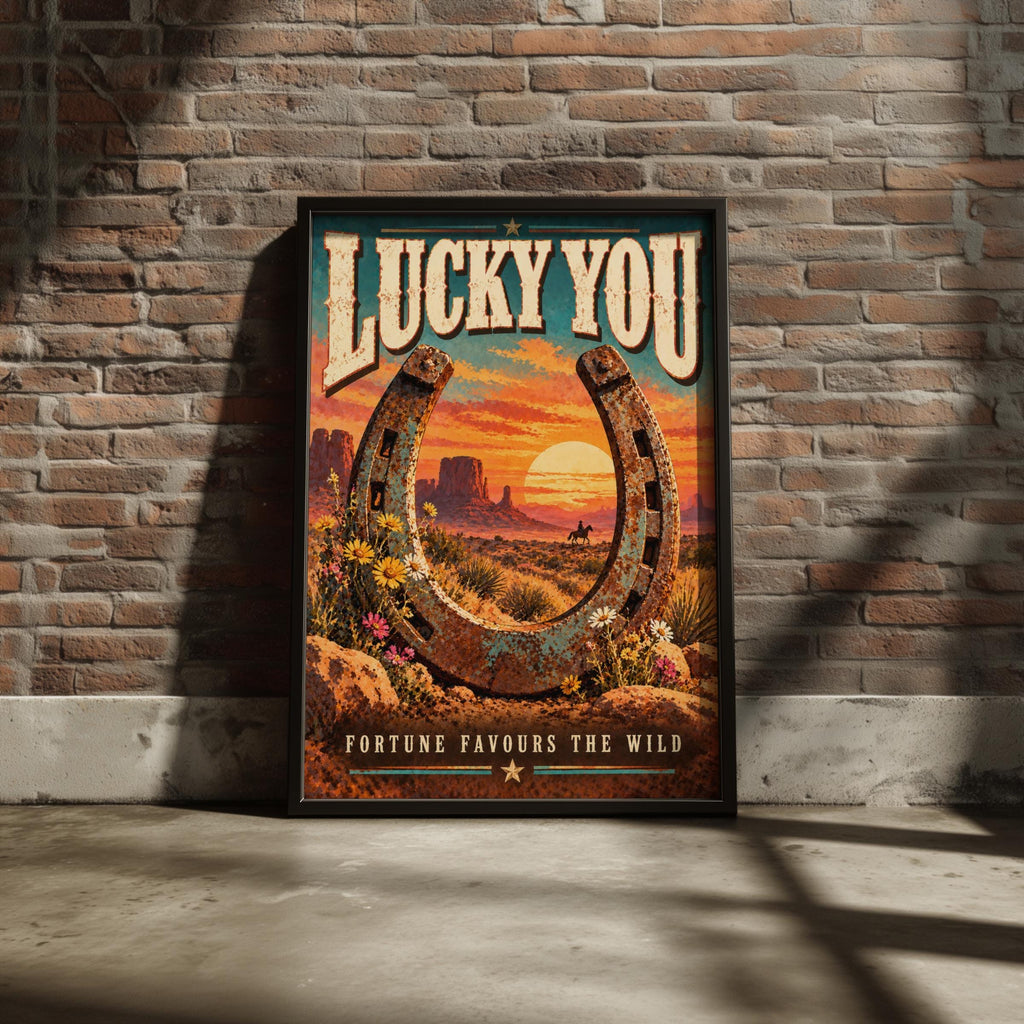 Lucky You Western Poster, Fortune Favours The Wild, Cowboy Horseshoe Wall Art (Printed Poster)