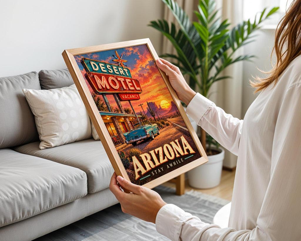 Arizona Desert Motel Travel Poster, Route 66 Retro Neon Sign Print, Southwest Sunset Decor