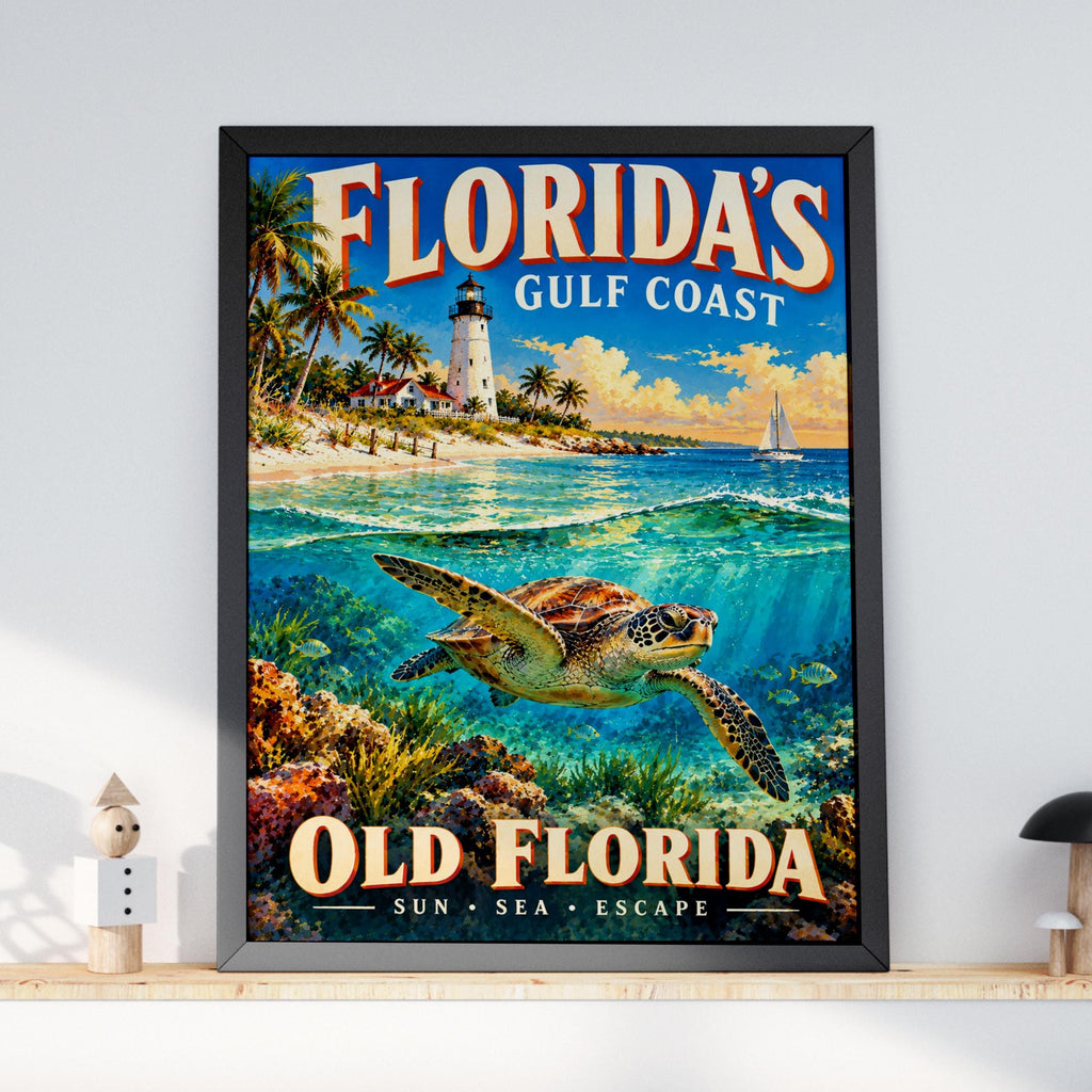 Florida Gulf Coast Travel Poster, Sea Turtle, Lighthouse, Retro Coastal Art (Print)