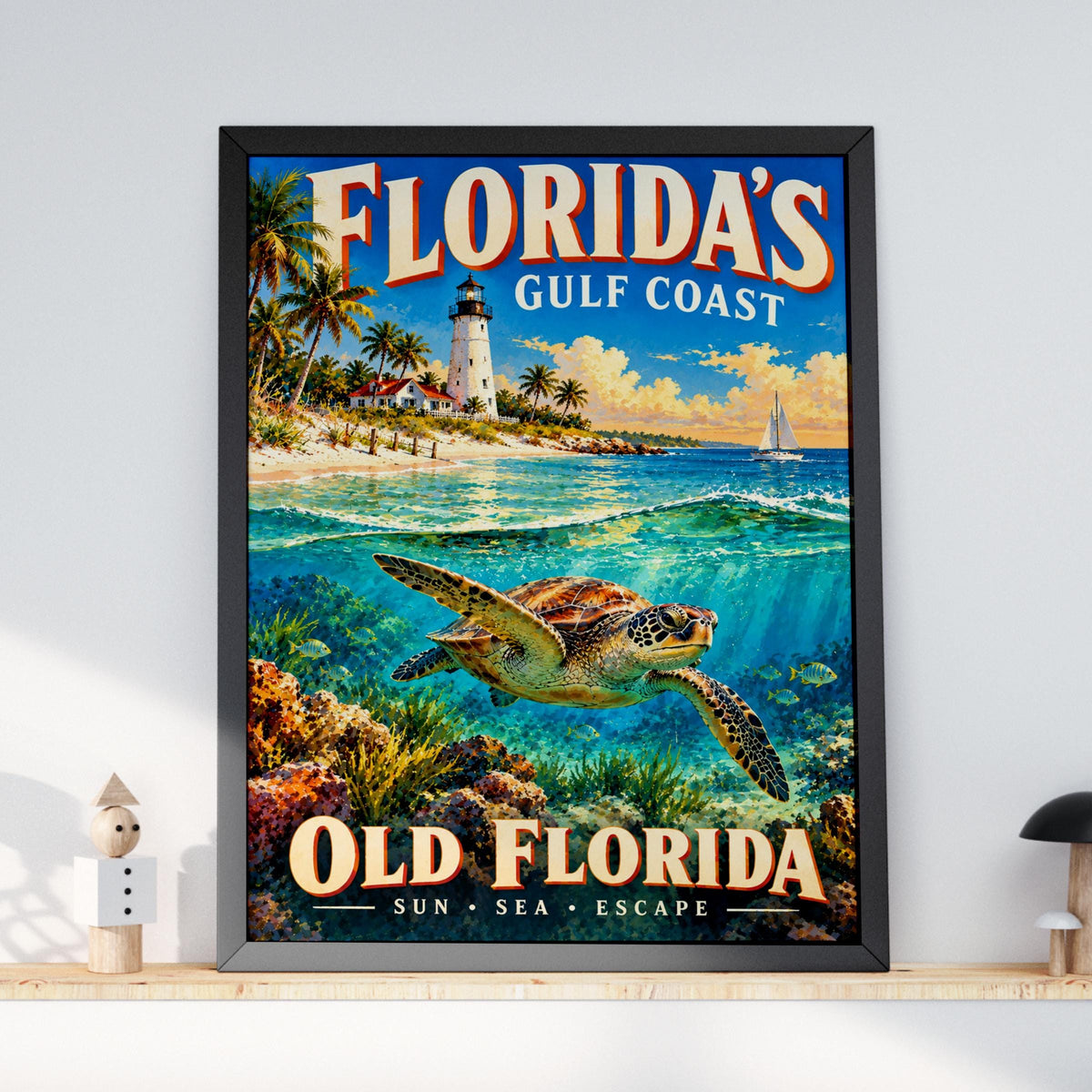Florida Gulf Coast Travel Poster, Sea Turtle, Lighthouse, Retro Coastal Art (Print)