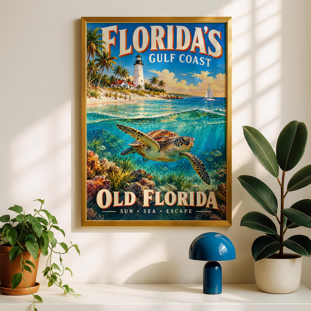 Florida Gulf Coast Travel Poster, Sea Turtle, Lighthouse, Retro Coastal Art (Print)