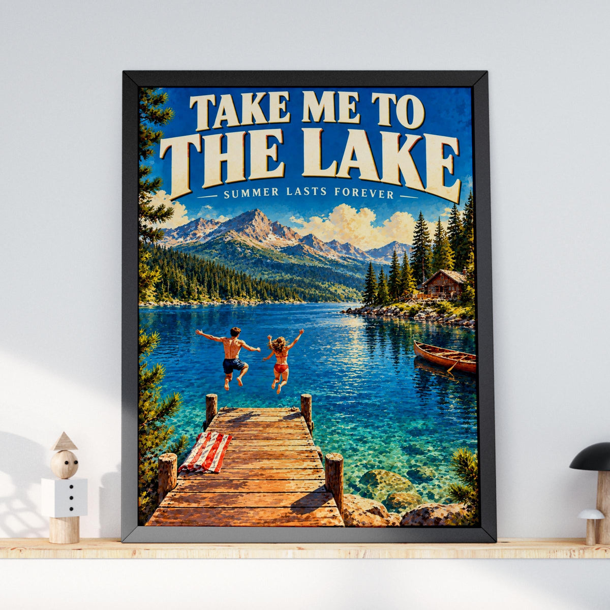 Vintage Lake House Travel Poster, Retro Summer Cabin Art, Mountain Lake Print