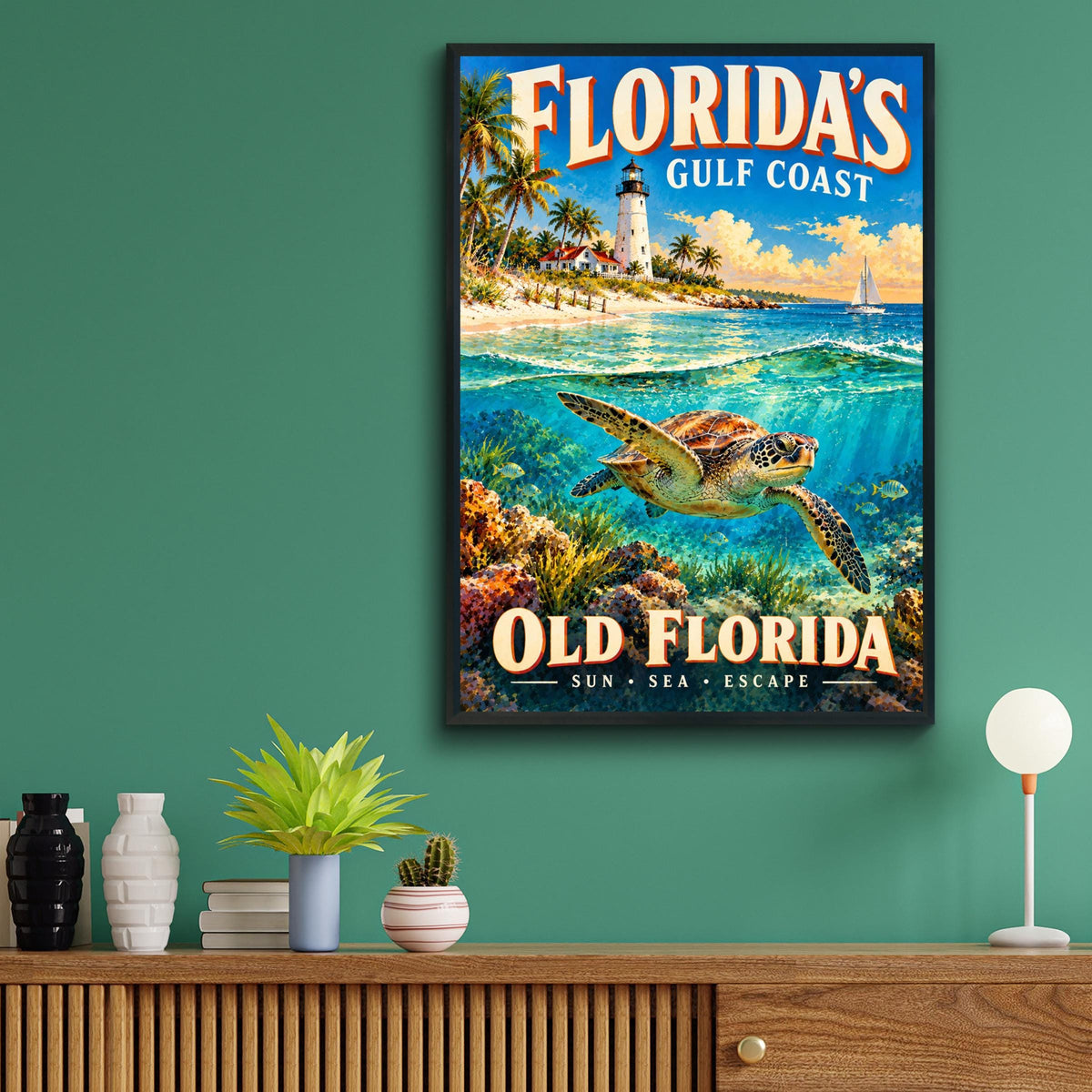 Florida Gulf Coast Travel Poster, Sea Turtle, Lighthouse, Retro Coastal Art (Print)