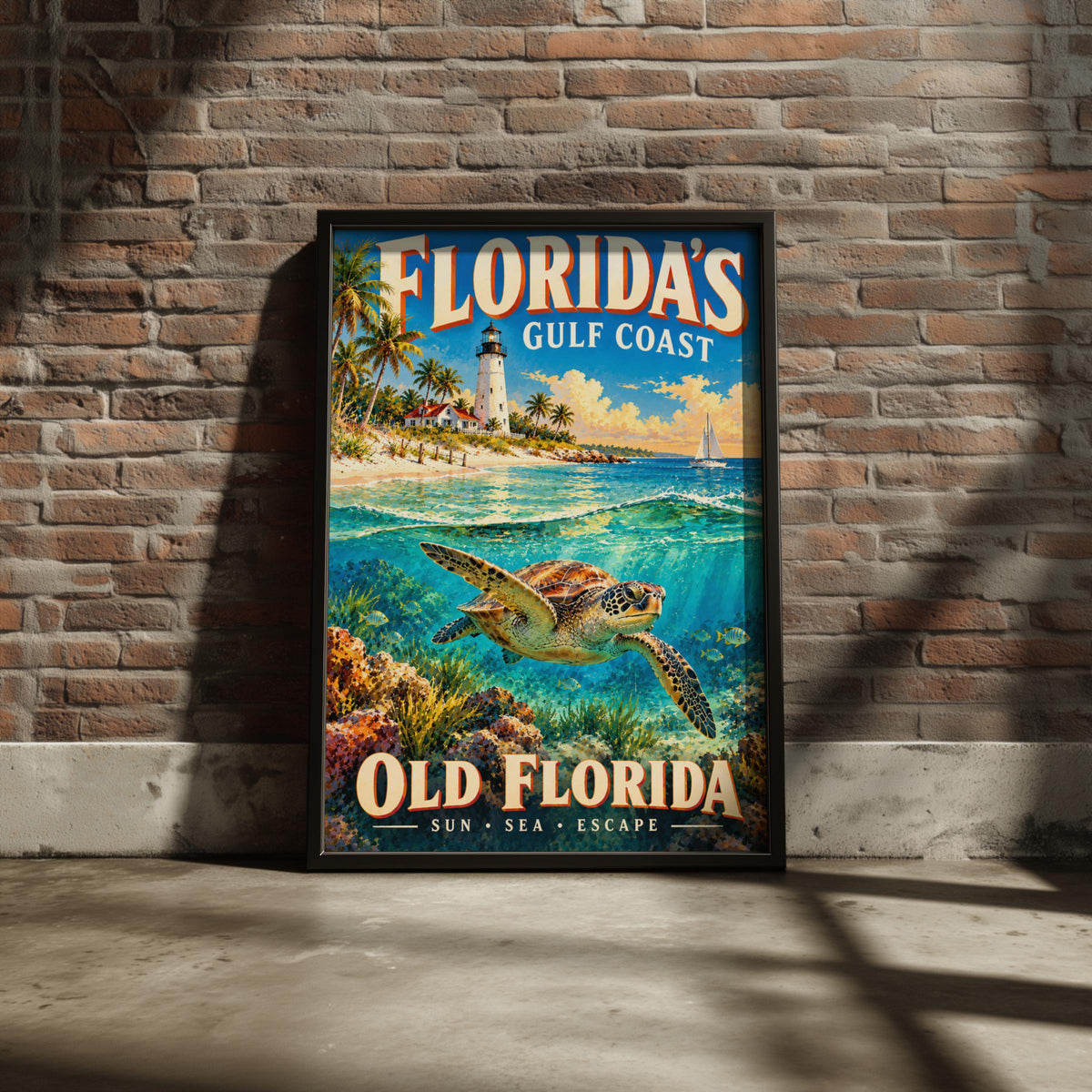 Florida Gulf Coast Travel Poster, Sea Turtle, Lighthouse, Retro Coastal Art (Print)