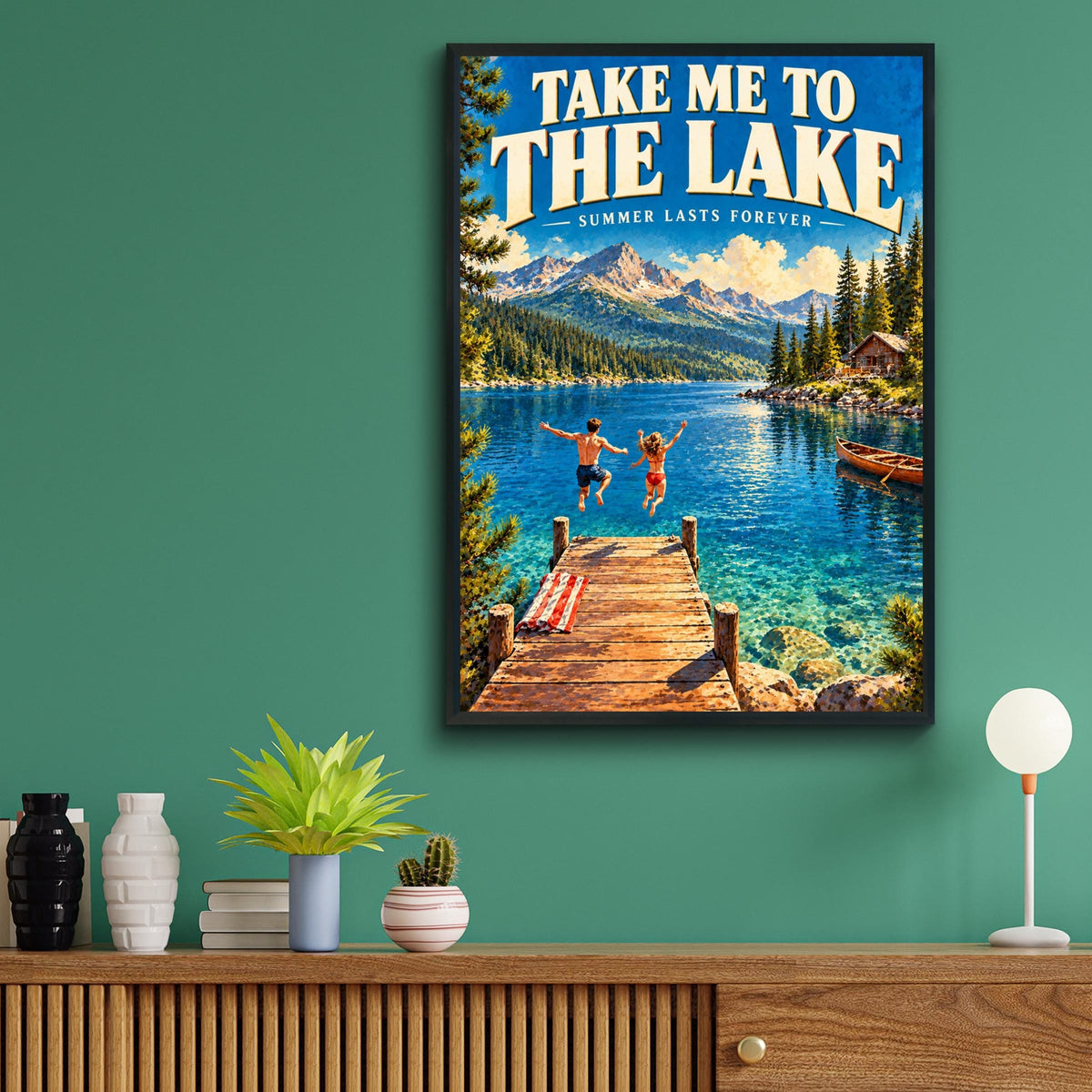 Vintage Lake House Travel Poster, Retro Summer Cabin Art, Mountain Lake Print