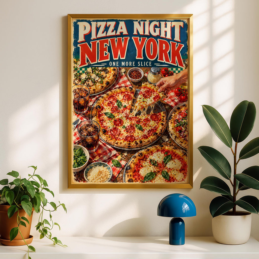 NYC Pizza Night Poster, Retro Italian Food Art Print (Digital Download)