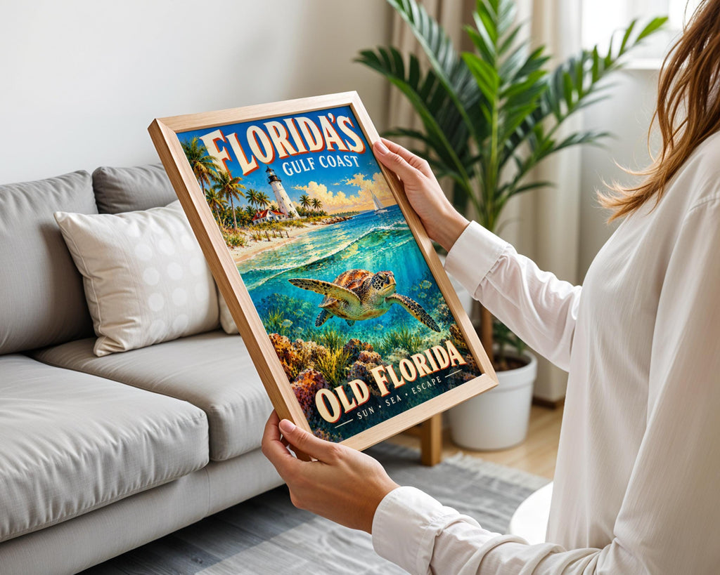 Florida Gulf Coast Travel Poster, Sea Turtle, Lighthouse, Retro Coastal Art (Print)