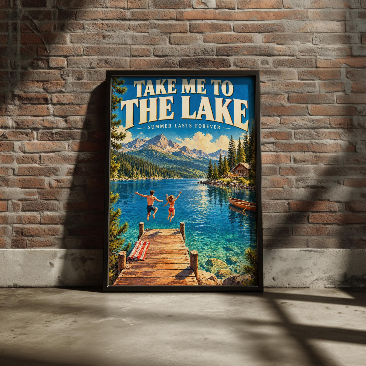 Vintage Lake House Travel Poster, Retro Summer Cabin Art, Mountain Lake Print