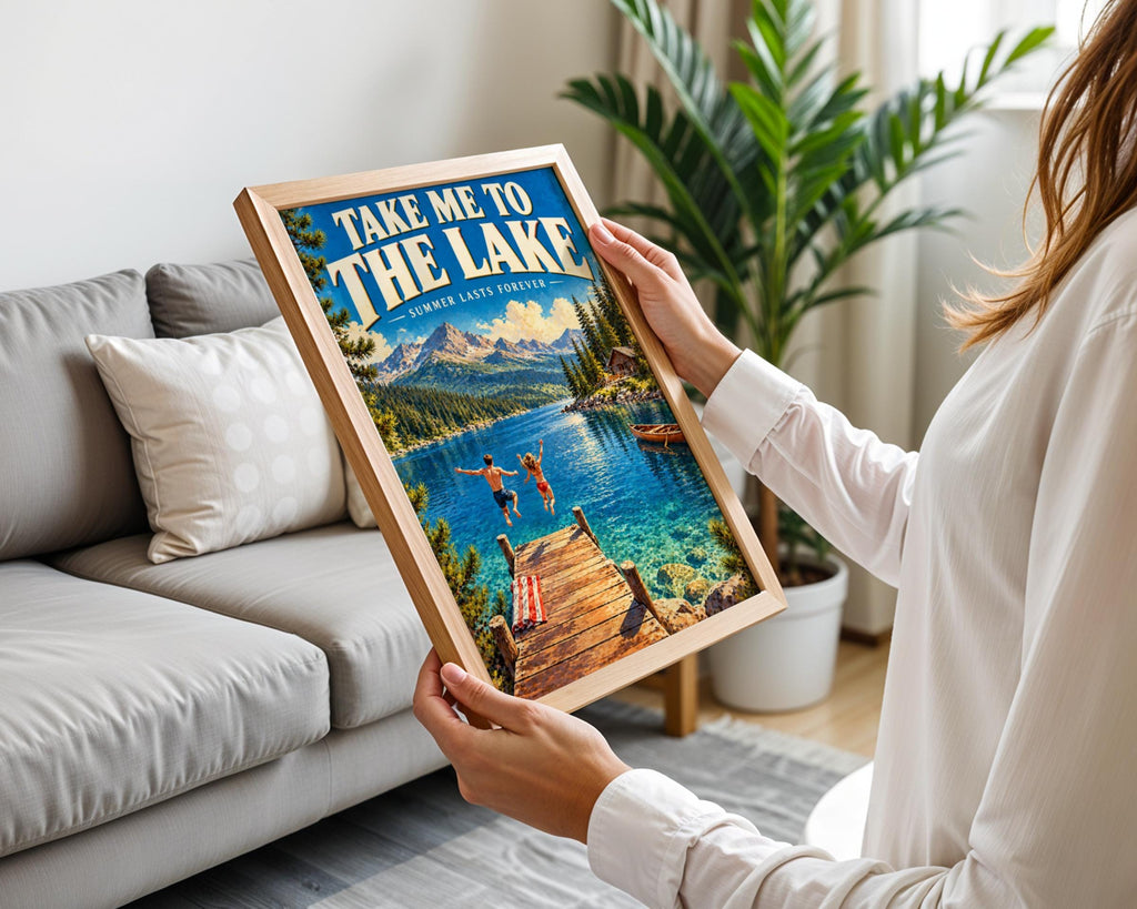Vintage Lake House Travel Poster, Retro Summer Cabin Art, Mountain Lake Print
