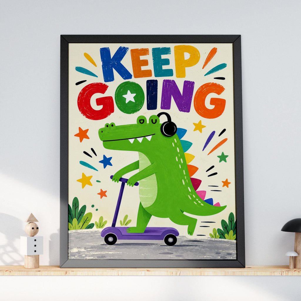 Keep Going Dinosaur Poster, Kids Room Wall Art, Motivational Nursery Print, Colourful Scooter Dino