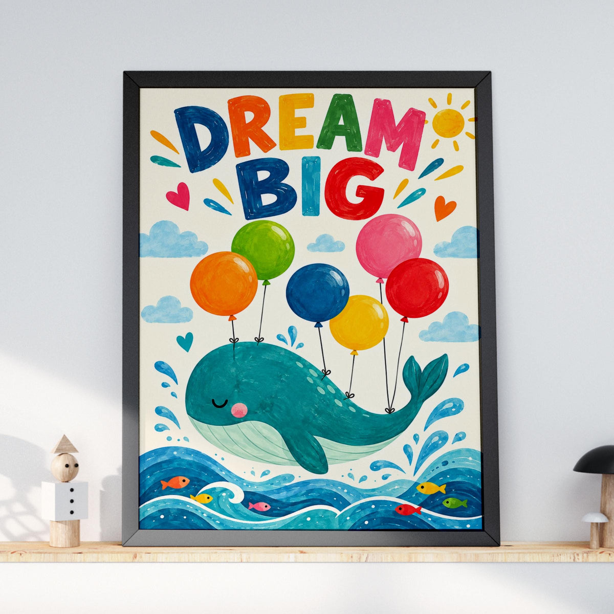 Dream Big Whale Nursery Print, Kids Room Wall Art, Colourful Balloons Poster, Baby Boy Girl Decor