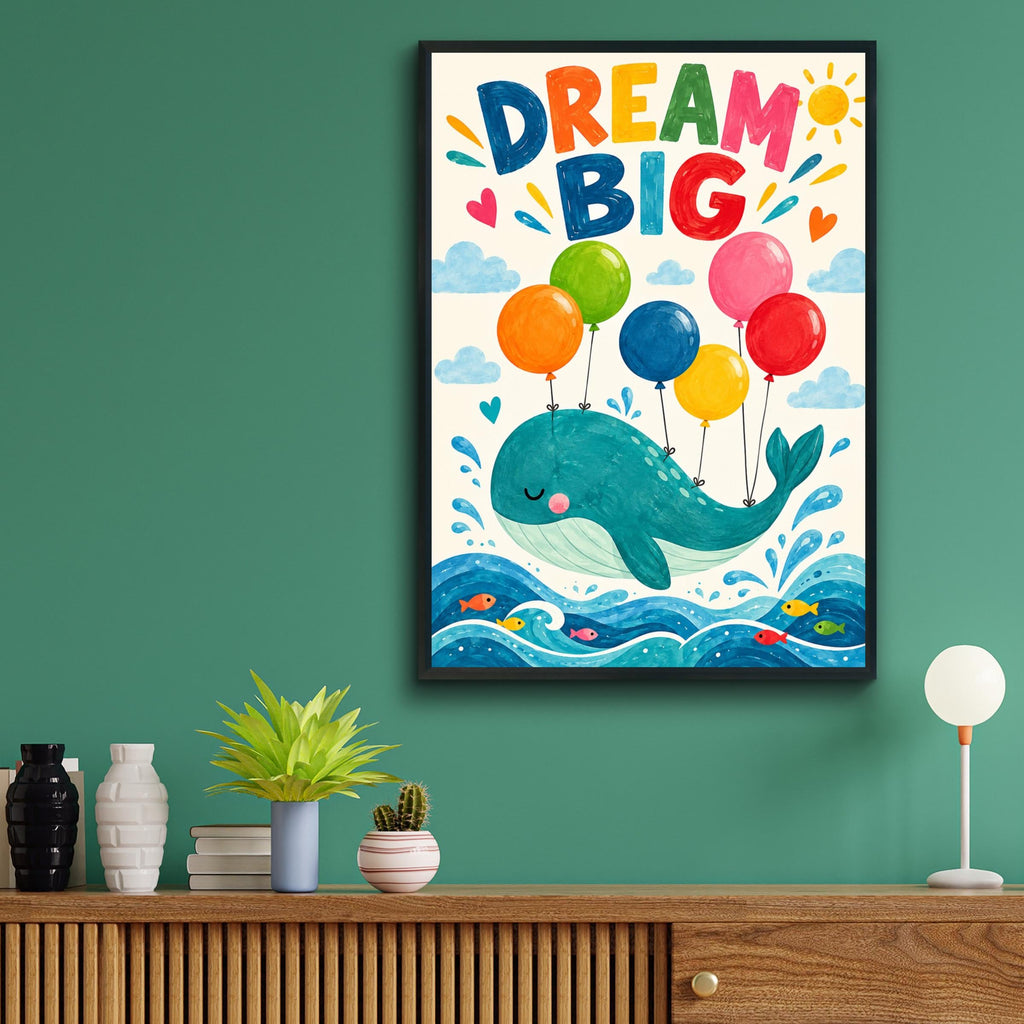 Dream Big Whale Nursery Print, Kids Room Wall Art, Colourful Balloons Poster, Baby Boy Girl Decor