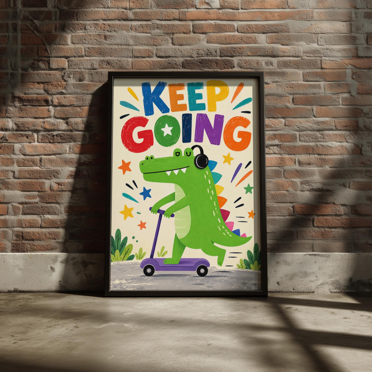 Keep Going Dinosaur Poster, Kids Room Wall Art, Motivational Nursery Print, Colourful Scooter Dino