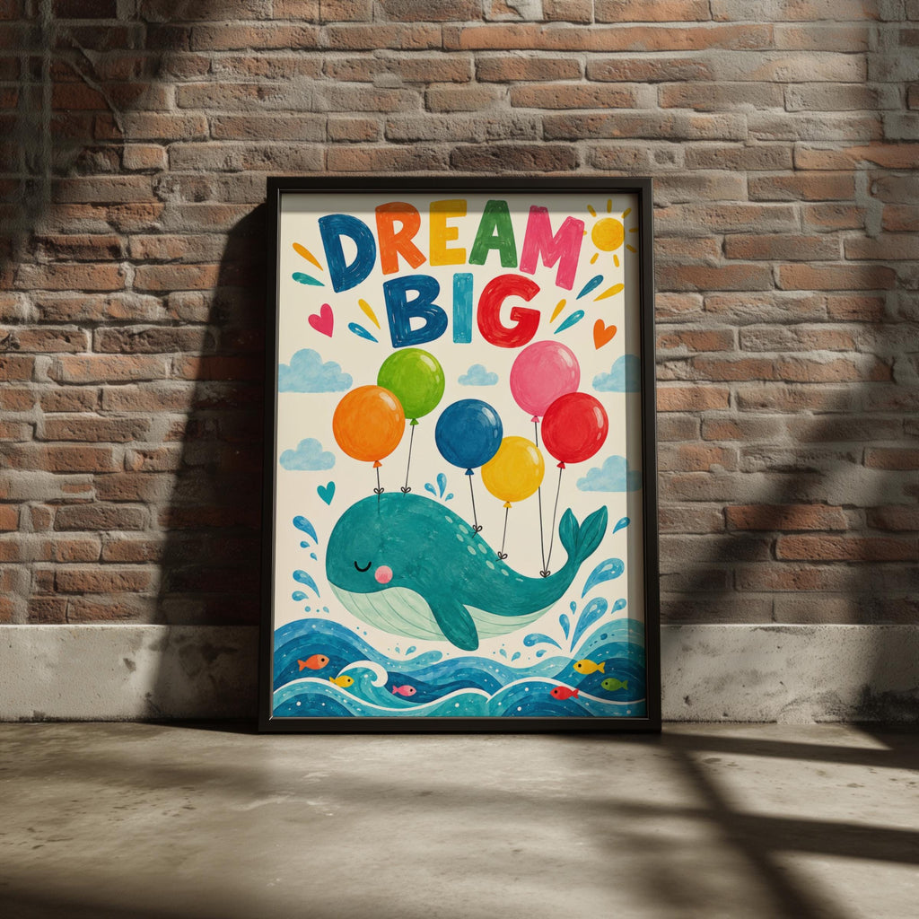 Dream Big Whale Nursery Print, Kids Room Wall Art, Colourful Balloons Poster, Baby Boy Girl Decor