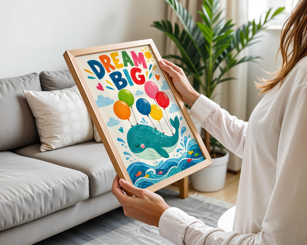 Dream Big Whale Nursery Print, Kids Room Wall Art, Colourful Balloons Poster, Baby Boy Girl Decor