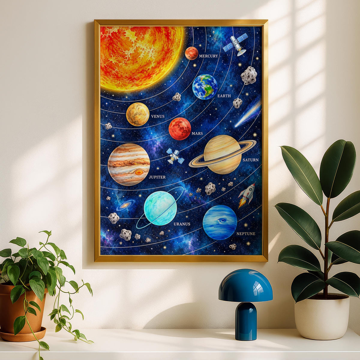 Solar System Poster, Watercolour Planets Wall Art, Space Print for Kids Bedroom, Nursery, Classroom