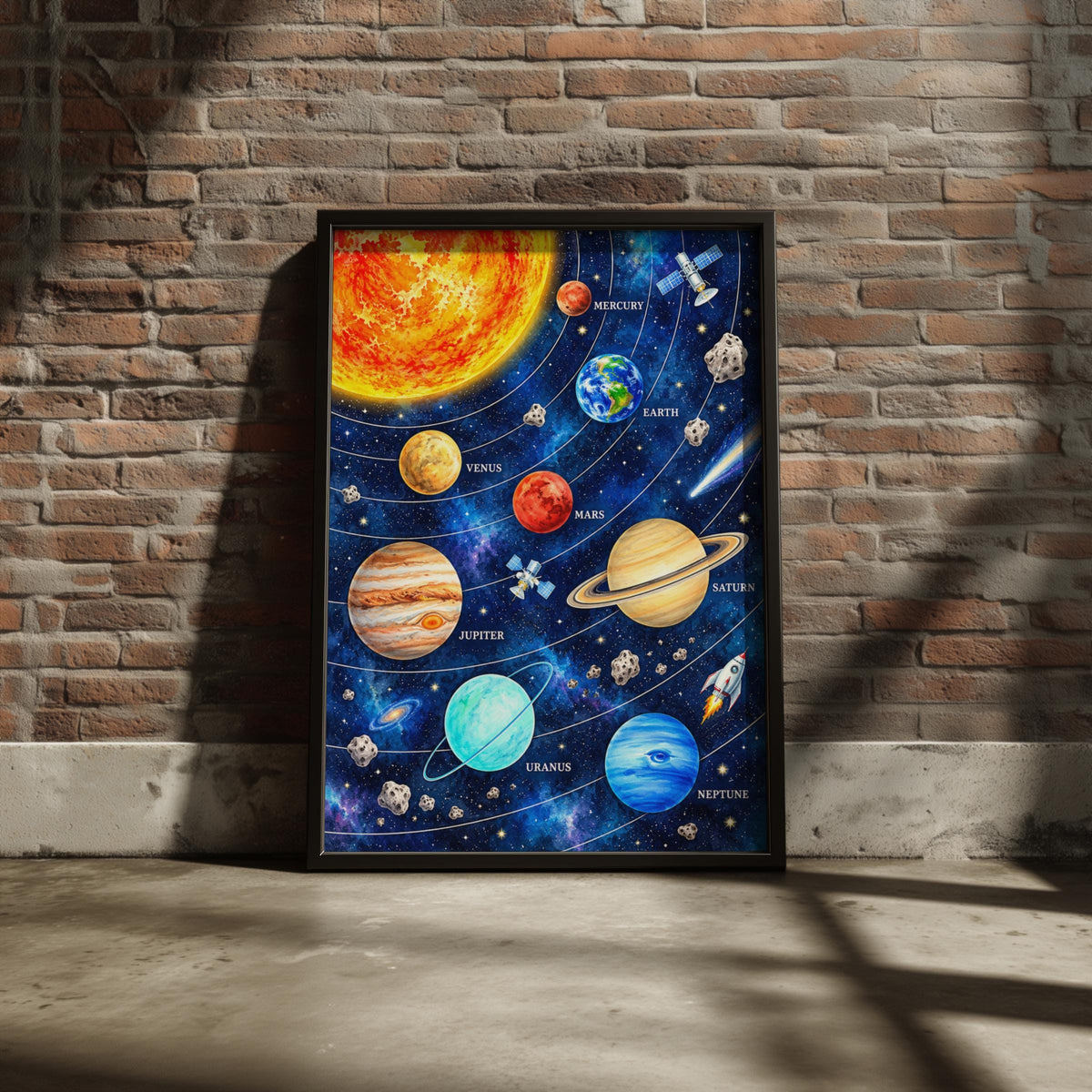 Solar System Poster, Watercolour Planets Wall Art, Space Print for Kids Bedroom, Nursery, Classroom