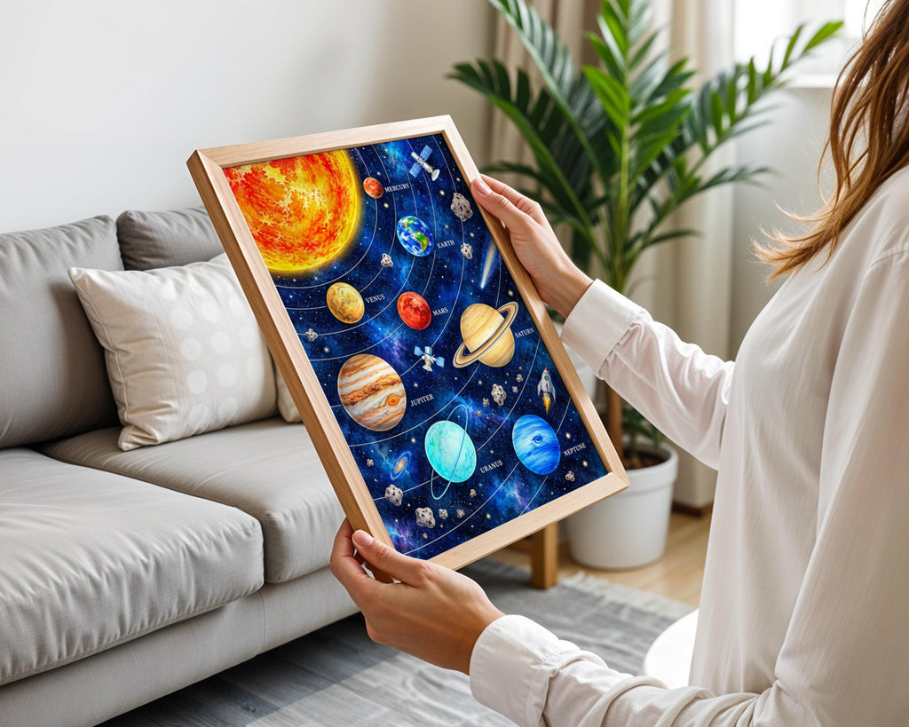 Solar System Poster, Watercolour Planets Wall Art, Space Print for Kids Bedroom, Nursery, Classroom