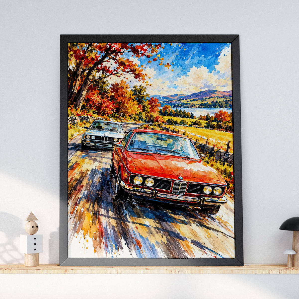 Classic BMW Watercolour Poster, Autumn Drive, Retro Car Art Print