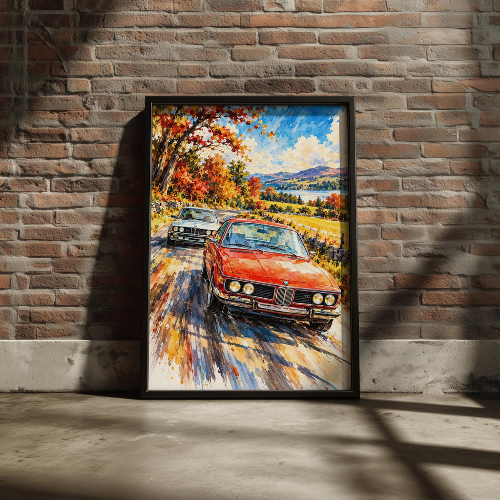 Classic BMW Watercolour Poster, Autumn Drive, Retro Car Art Print