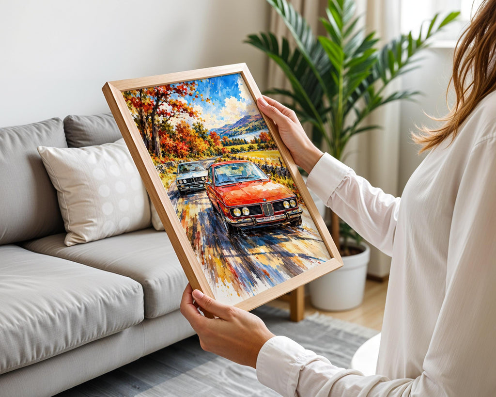 Classic BMW Watercolour Poster, Autumn Drive, Retro Car Art Print