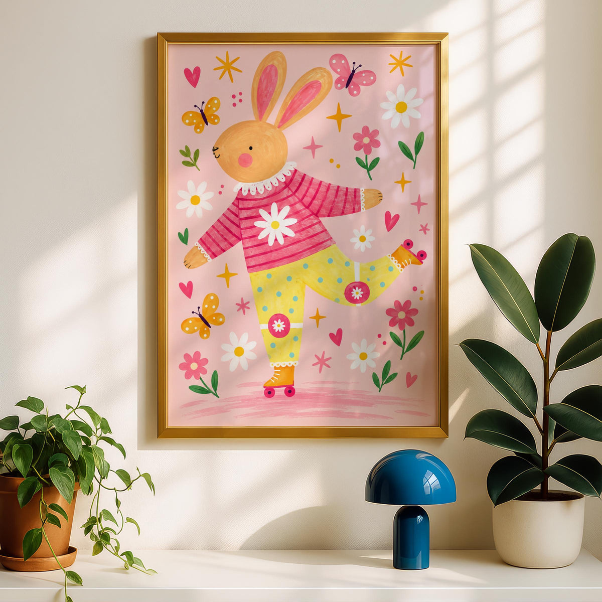 Roller Skating Bunny Nursery Wall Art, Cute Rabbit Print, Pink Floral Kids Room Poster