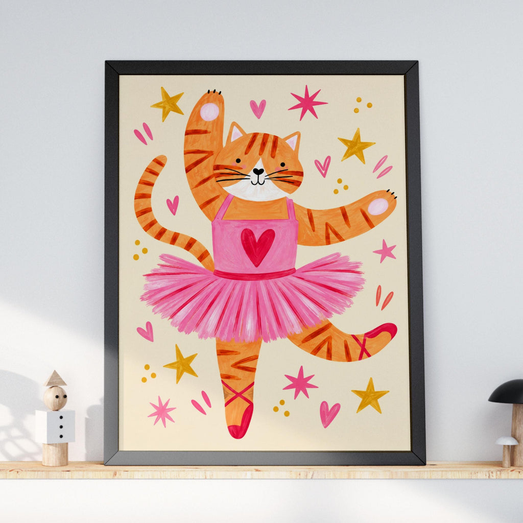 Ballerina Cat Nursery Wall Art, Ginger Tabby Ballet Poster, Pink Tutu Print, Girls Bedroom Decor