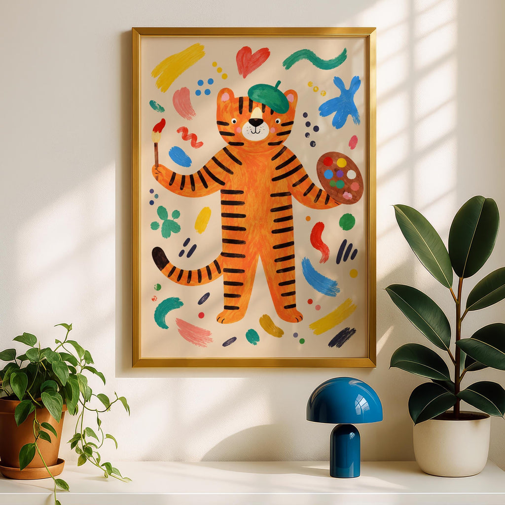 Tiger Artist Nursery Wall Art, Colourful Painter Tiger Poster, Kids Room Print, Playful Animal Art