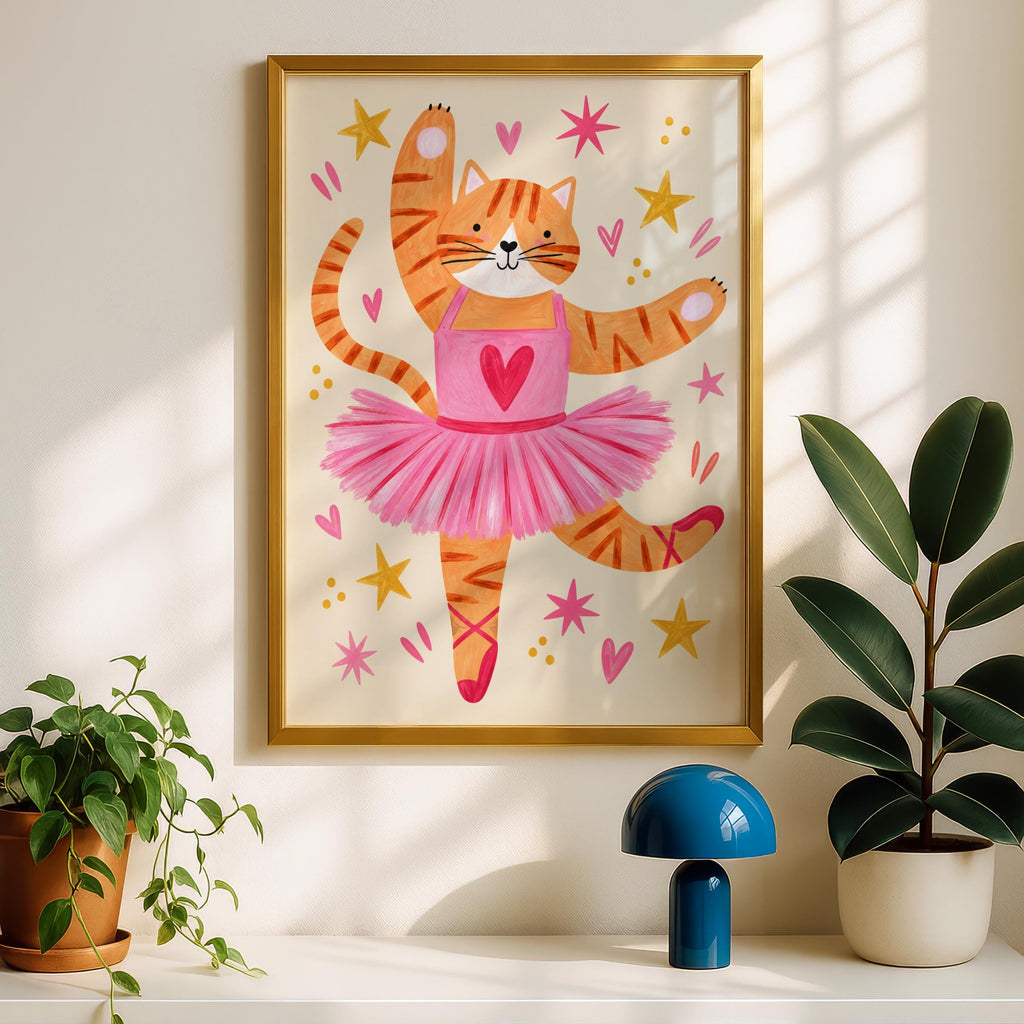 Ballerina Cat Nursery Wall Art, Ginger Tabby Ballet Poster, Pink Tutu Print, Girls Bedroom Decor