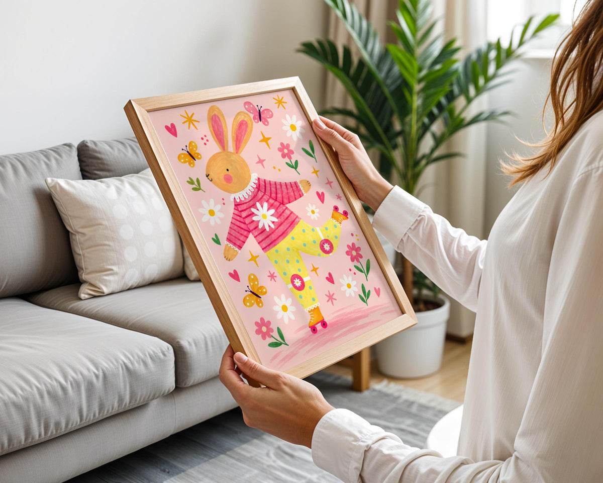 Roller Skating Bunny Nursery Wall Art, Cute Rabbit Print, Pink Floral Kids Room Poster