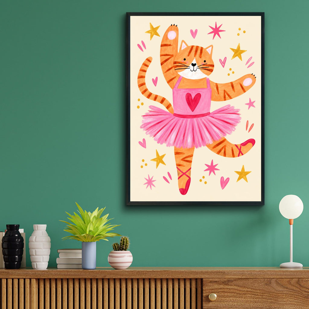 Ballerina Cat Nursery Wall Art, Ginger Tabby Ballet Poster, Pink Tutu Print, Girls Bedroom Decor