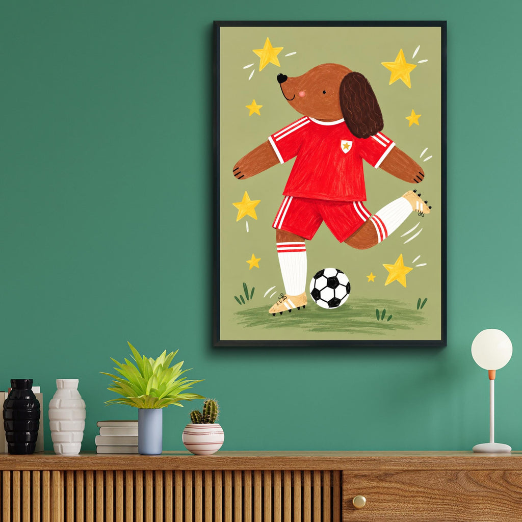 Football Dog Nursery Print, Cute Dog Poster, Red Kit Kids Room Wall Art, Sports Nursery Decor