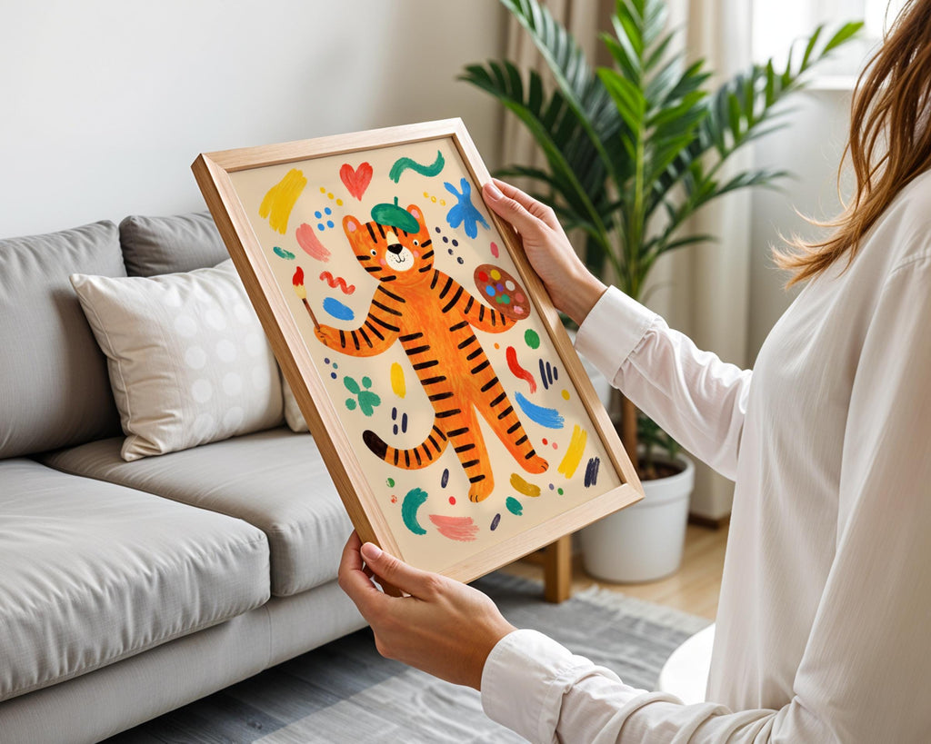 Tiger Artist Nursery Wall Art, Colourful Painter Tiger Poster, Kids Room Print, Playful Animal Art