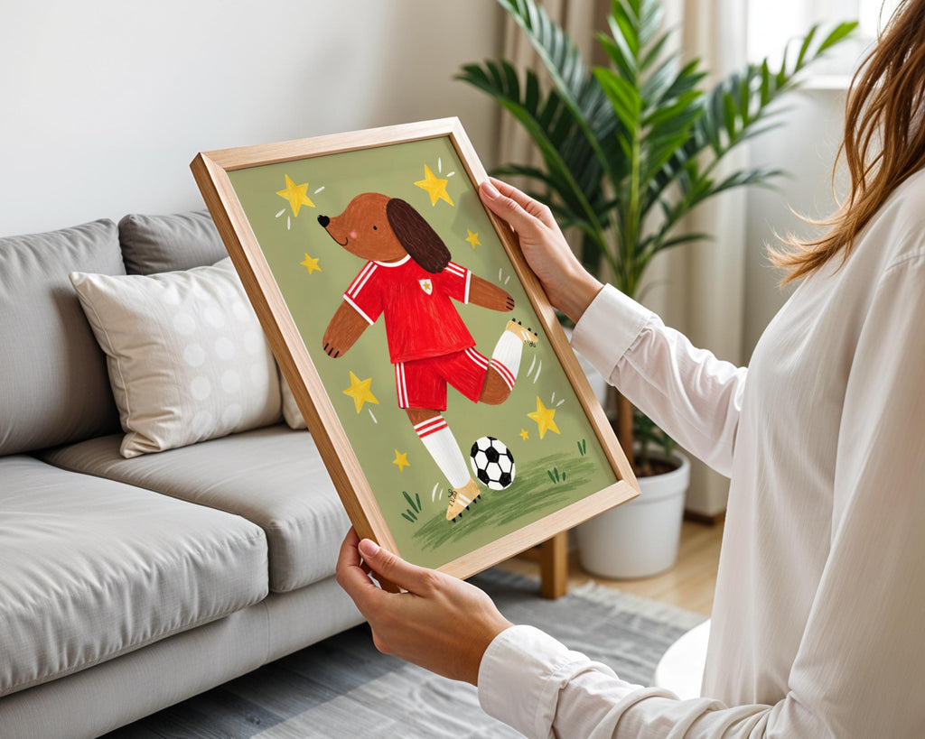 Football Dog Nursery Print, Cute Dog Poster, Red Kit Kids Room Wall Art, Sports Nursery Decor
