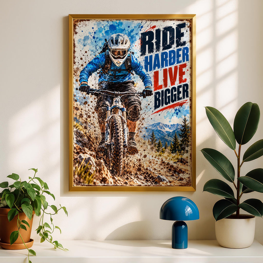 MTB Mountain Biking Poster, Ride Harder Live Bigger, Extreme Sports Wall Art (Print)