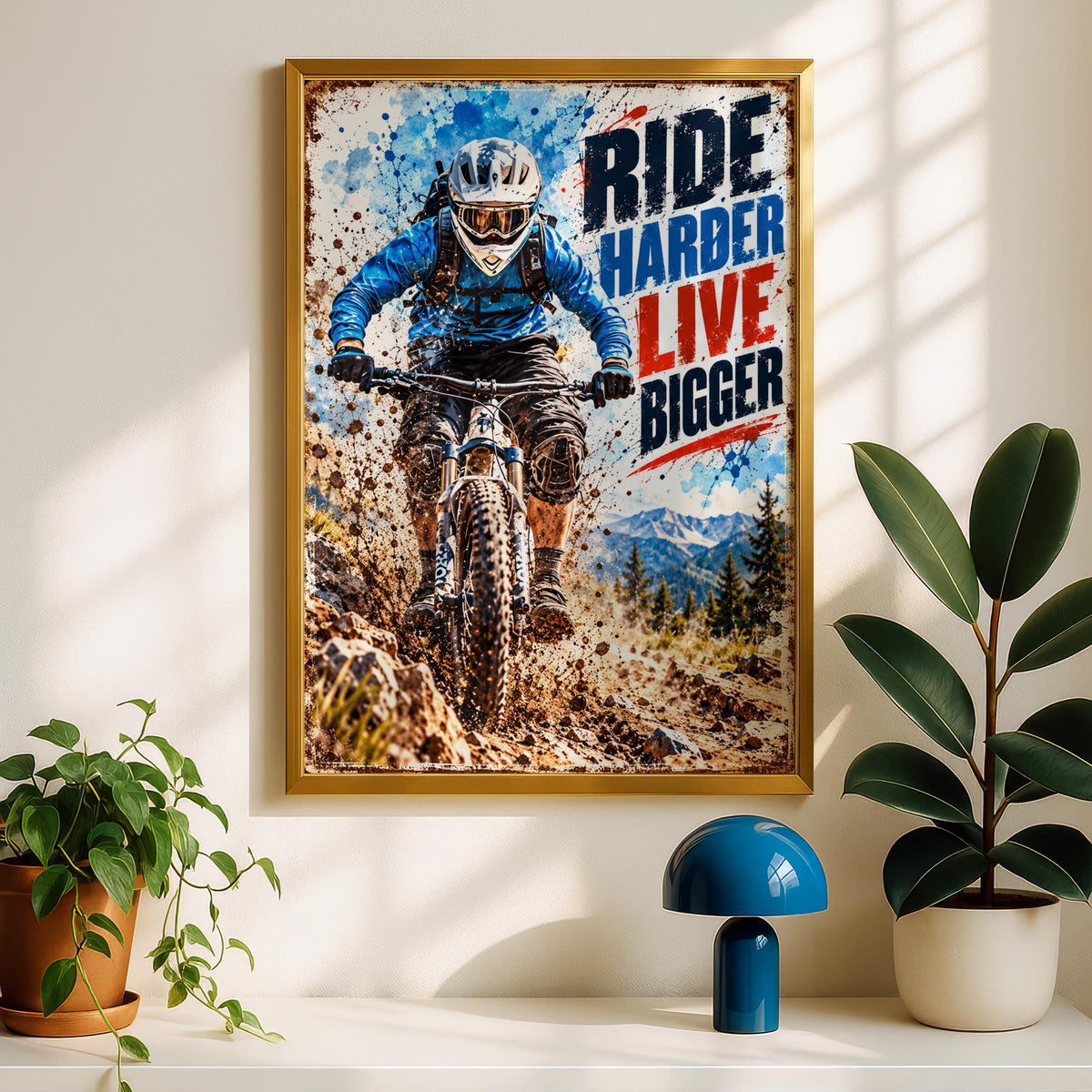 MTB Mountain Biking Poster, Ride Harder Live Bigger, Extreme Sports Wall Art (Print)