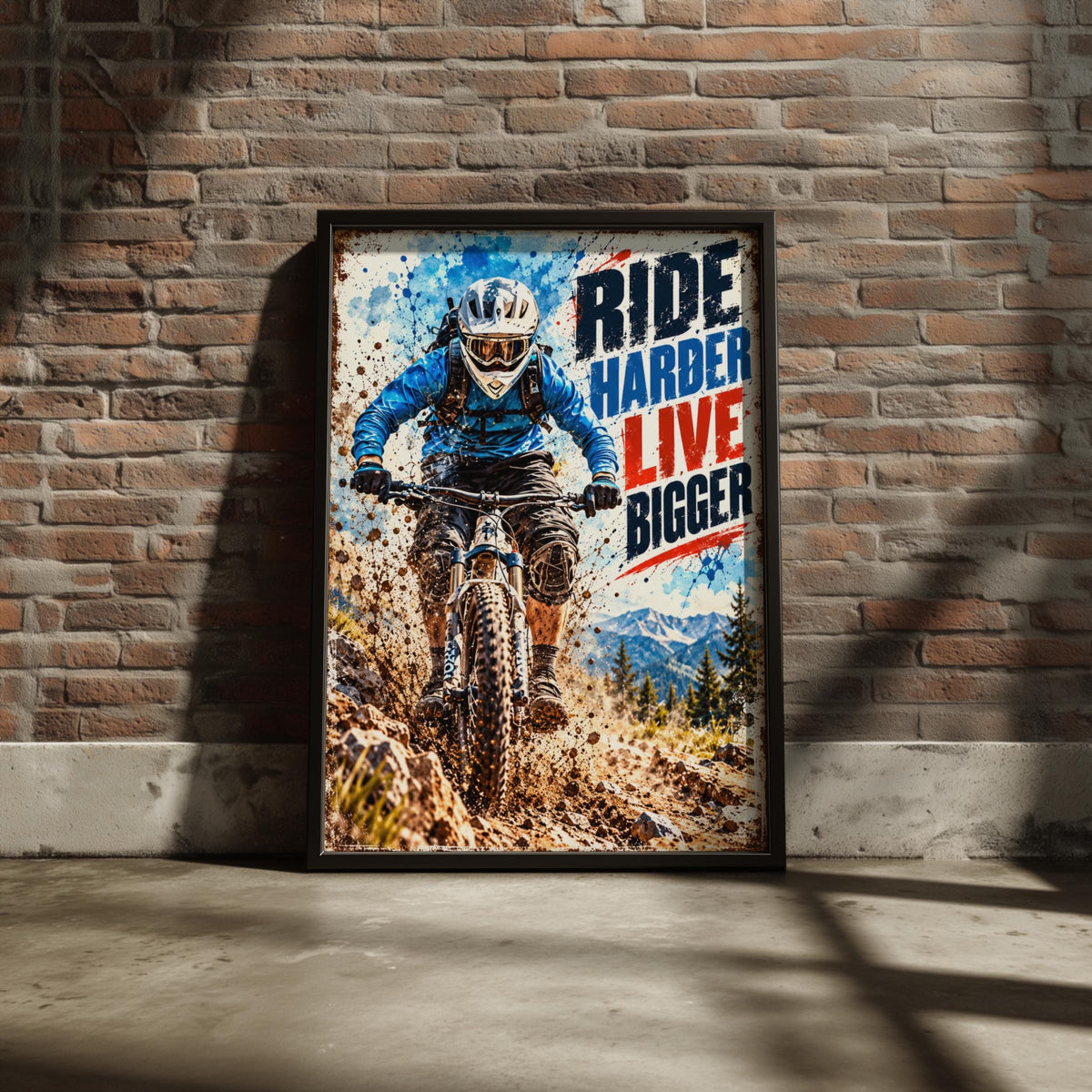 MTB Mountain Biking Poster, Ride Harder Live Bigger, Extreme Sports Wall Art (Print)
