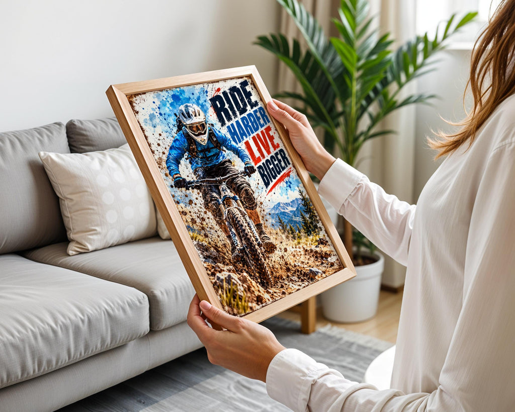 MTB Mountain Biking Poster, Ride Harder Live Bigger, Extreme Sports Wall Art (Print)