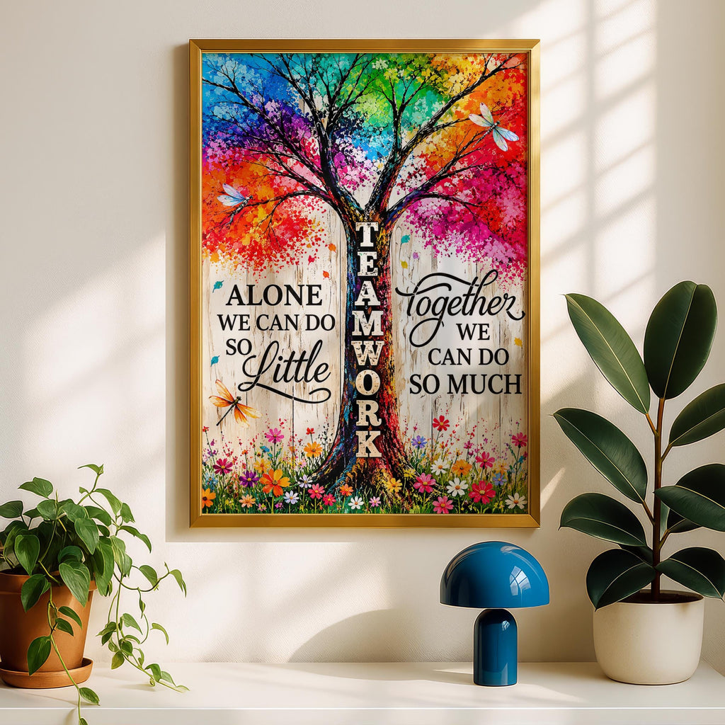 Teamwork Together Quote Poster, Rainbow Tree Wall Art, Inspirational Office Print, Colourful