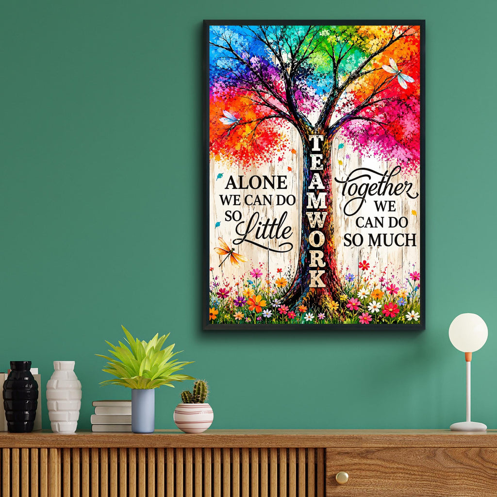 Teamwork Together Quote Poster, Rainbow Tree Wall Art, Inspirational Office Print, Colourful