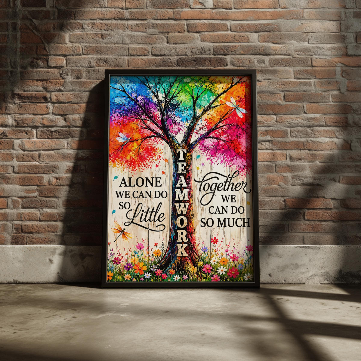 Teamwork Together Quote Poster, Rainbow Tree Wall Art, Inspirational Office Print, Colourful