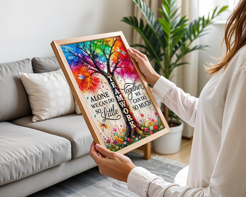 Teamwork Together Quote Poster, Rainbow Tree Wall Art, Inspirational Office Print, Colourful