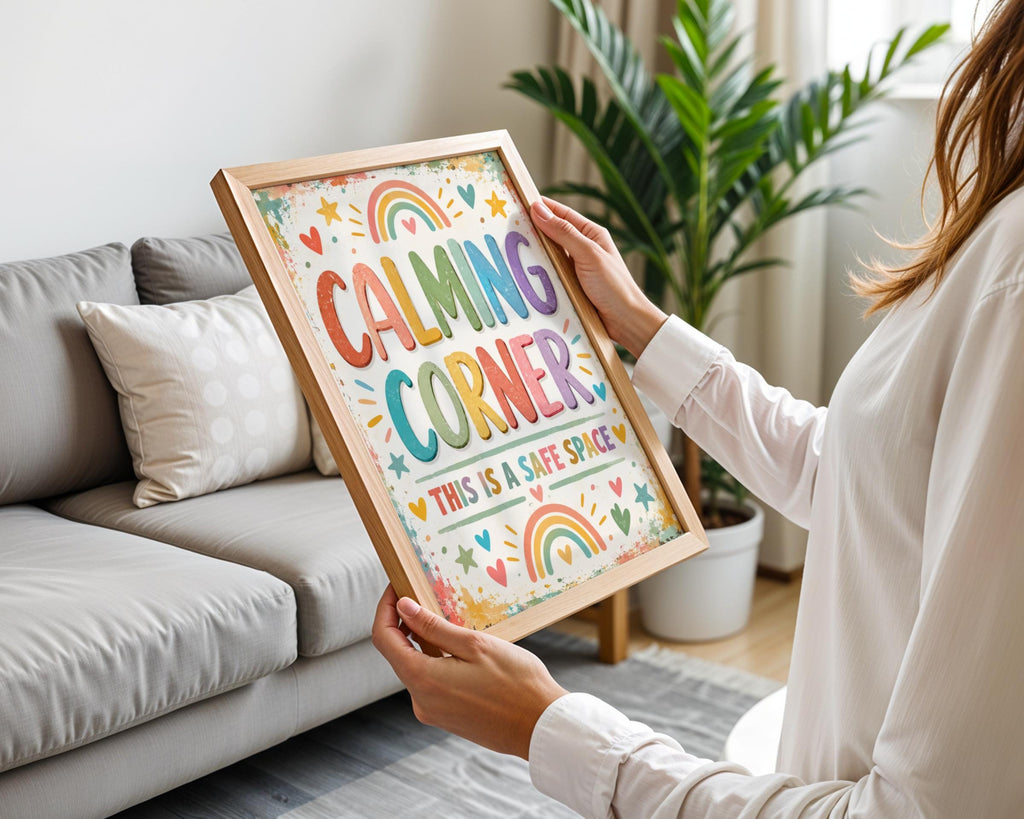 Calming Corner Safe Space Poster, Rainbow Classroom Print, Kids Wall Art, Teacher Gift