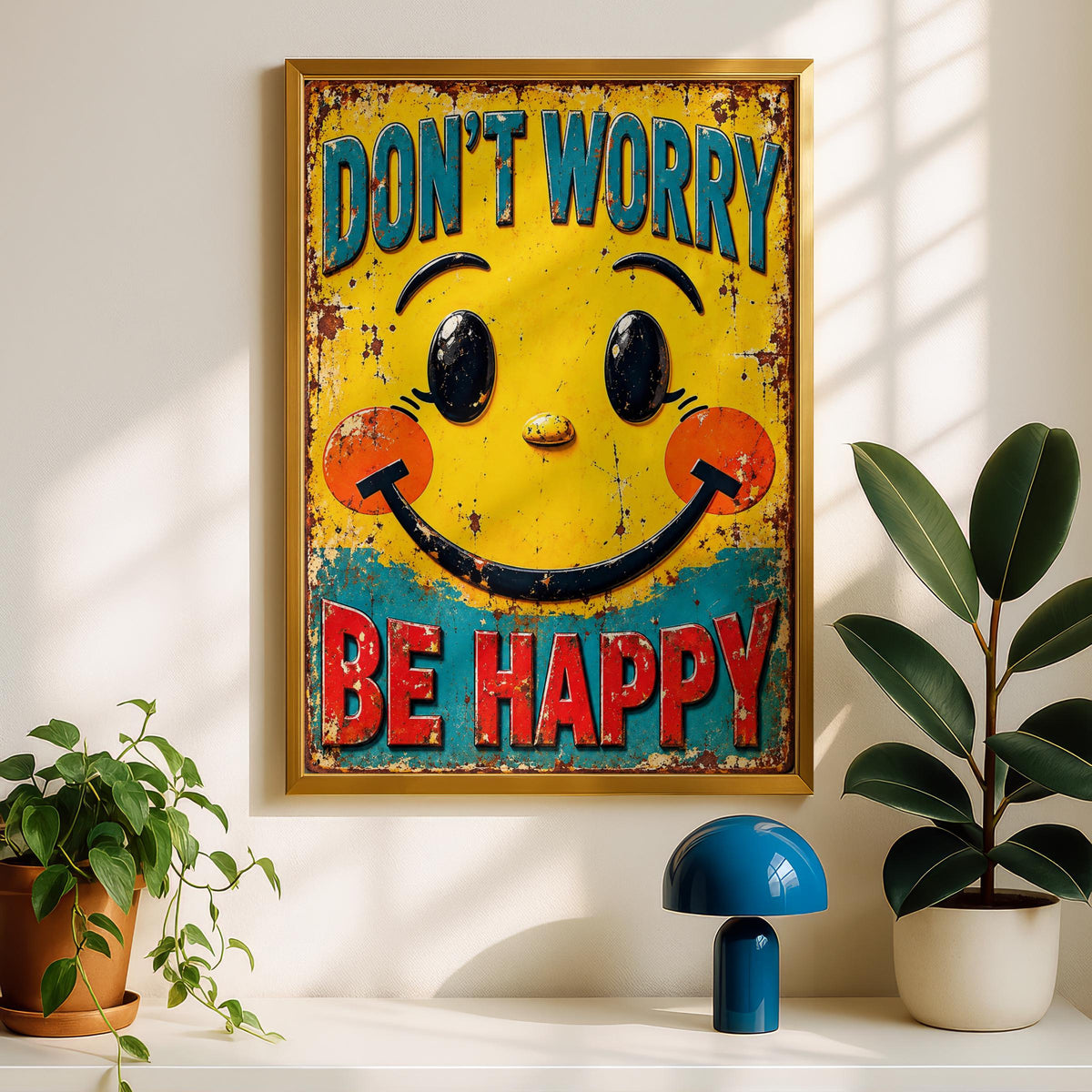 Don't Worry Be Happy Smiley Face Poster, Retro Rustic Tin Sign Style, Yellow Wall Art Print