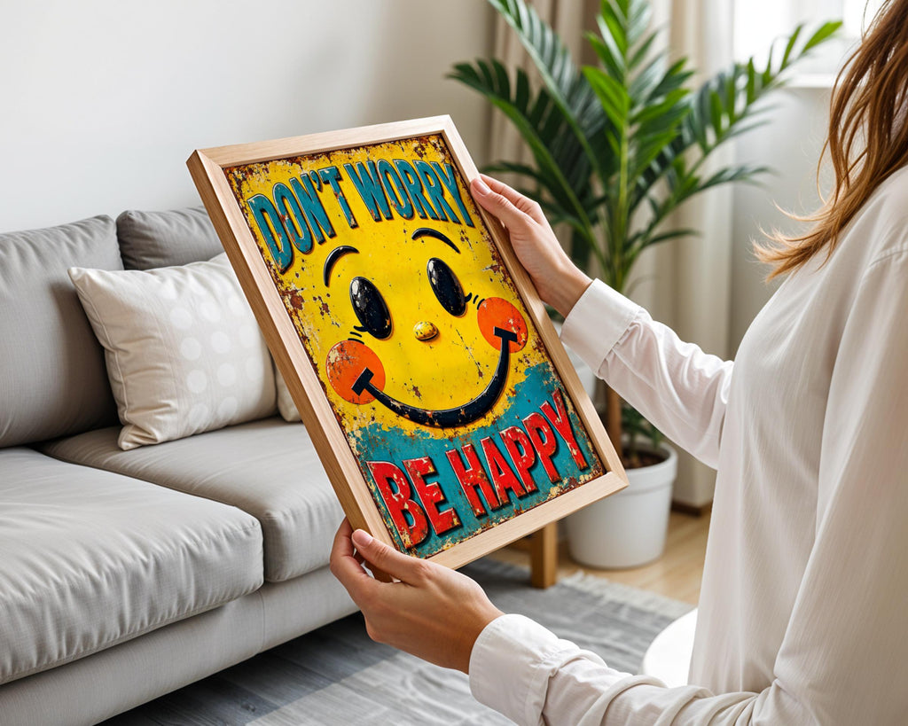 Don't Worry Be Happy Smiley Face Poster, Retro Rustic Tin Sign Style, Yellow Wall Art Print