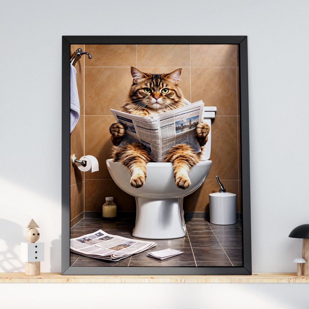 Funny Cat on Toilet Reading Newspaper Poster, Bathroom Wall Art, Quirky Tabby Cat Print, Loo Decor