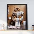 Funny Cat on Toilet Reading Newspaper Poster, Bathroom Wall Art, Quirky Tabby Cat Print, Loo Decor