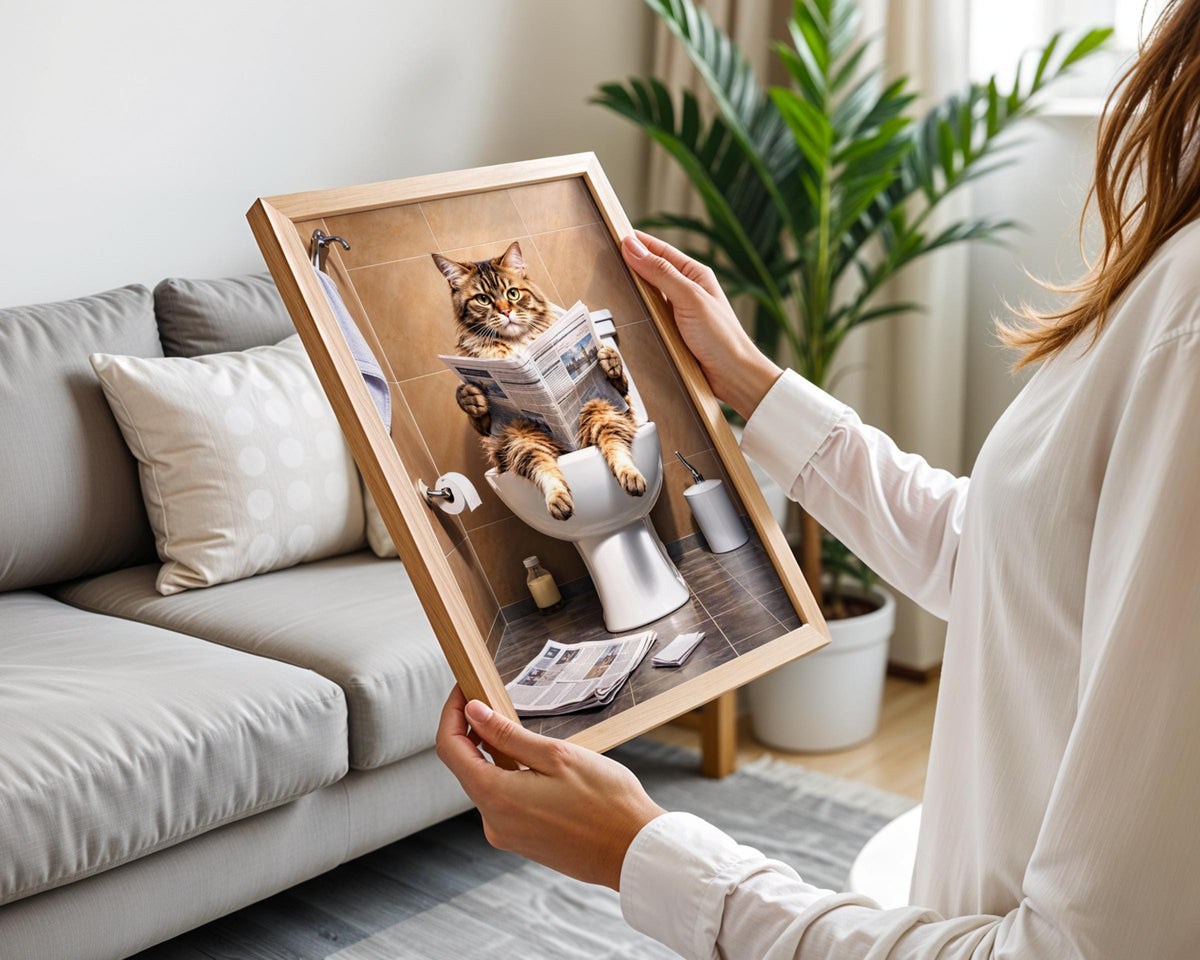 Funny Cat on Toilet Reading Newspaper Poster, Bathroom Wall Art, Quirky Tabby Cat Print, Loo Decor