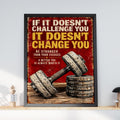 Gym Motivational Quote Poster, Challenge Change Stronger, Vintage Dumbbell Wall Art Print